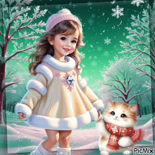 Enfant en hiver avec un chat - Animovaný GIF zadarmo