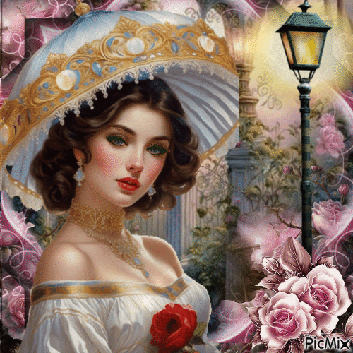 Mujer con sombrero y una rosa - Gratis geanimeerde GIF