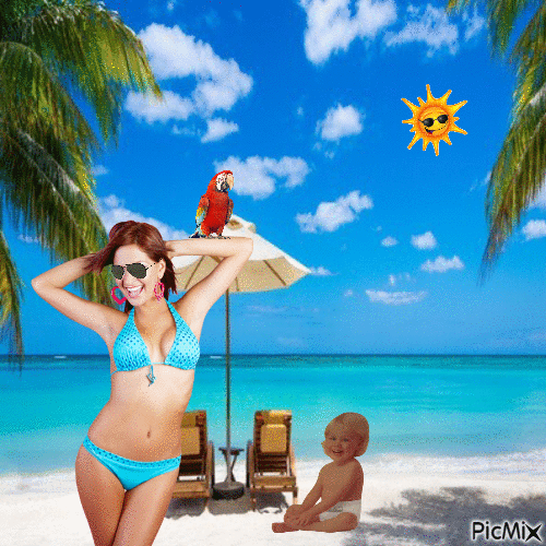 Mom, parrot and baby Summertime - GIF เคลื่อนไหวฟรี