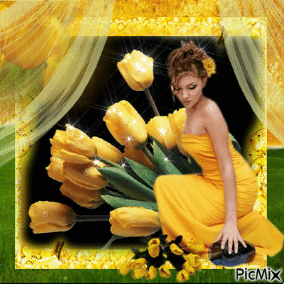 woman in yellow with yellow tulips - Бесплатни анимирани ГИФ