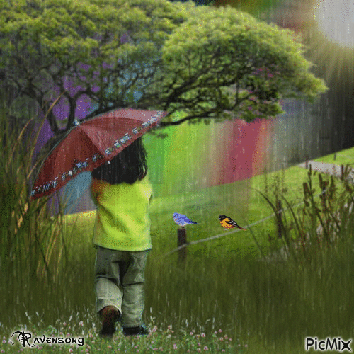 Child Walking in the Rain - GIF animado gratis