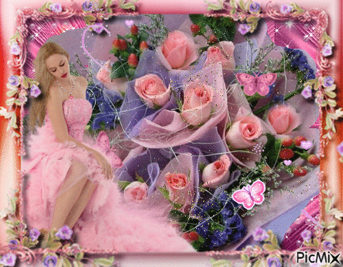 Dama Flores e Borboletas rosas - Free animated GIF
