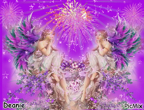 Angel Twins purple background with fireworks & sparkle - 無料のアニメーション GIF