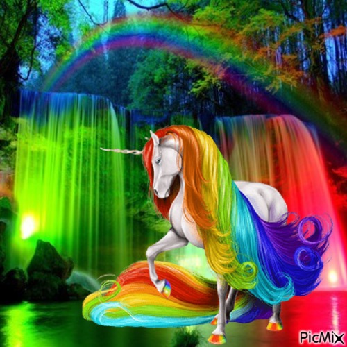 Rainbow Unicorn near a Waterfall - PNG gratuit