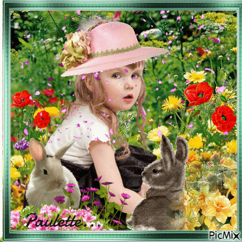 petite fille et son lapin - GIF animé gratuit
