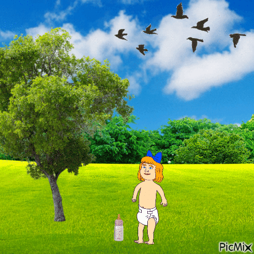 Cartoon baby girl in yard - GIF animasi gratis
