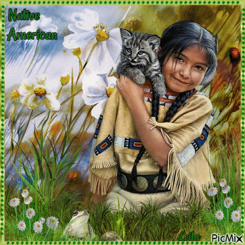 Native American girl with a cat - GIF animé gratuit