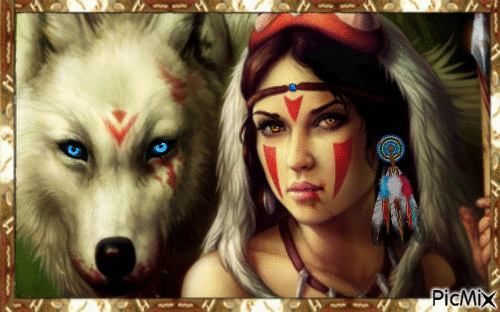 Native American #10 and wolf - Free animated GIF