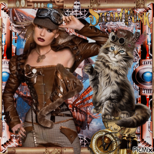 Chica y animal - Steampunk - Free animated GIF