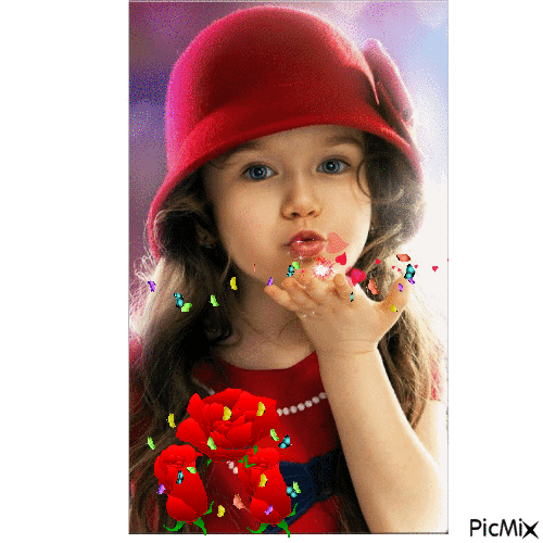 LITTLE GIRL RED HAT BLOWING KISSES - Бесплатни анимирани ГИФ