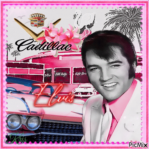 Elvis et sa Cadillac rose - Free animated GIF