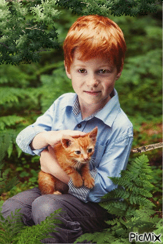 Young Man and his cat - Free animated GIF
