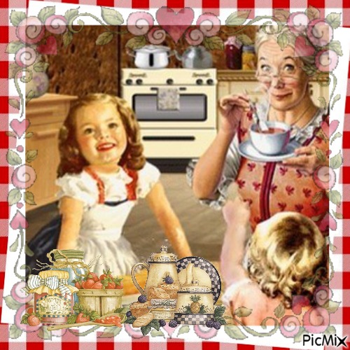 Oma mit Enkelkinder in der Küche - png ฟรี