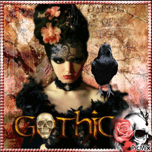 Gothic woman portrait in pink, peach and black - Free animated GIF