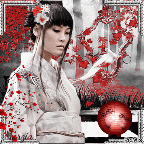 geisha bianco rosso e nero - Бесплатный анимированный гифка
