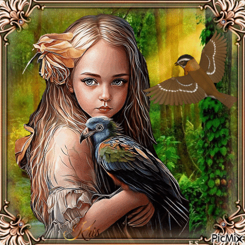 La fille aux oiseaux - Free animated GIF