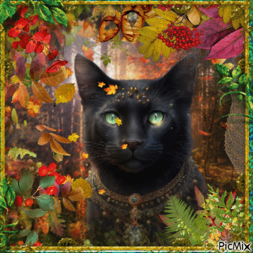 Black cat in an autumn forest - GIF animé gratuit