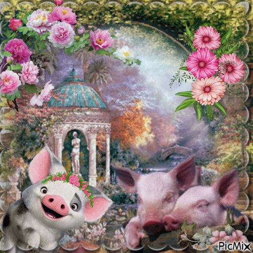 petits cochons et fleurs - Animovaný GIF zadarmo
