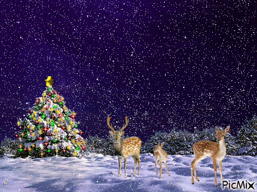 Deer Family and Christmas Tree - 無料のアニメーション GIF