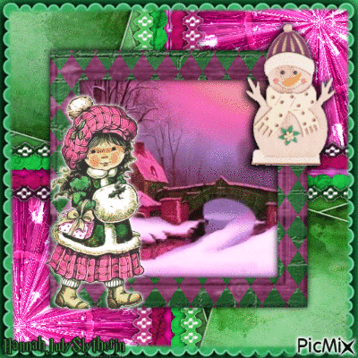 {Little Girl in Dark Pink and Green Winter} - Free animated GIF