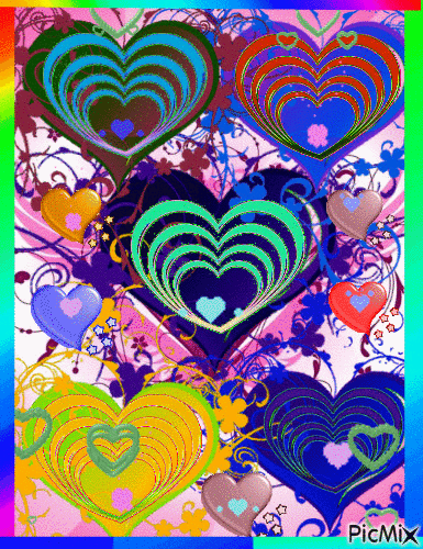 heARTS, HEARTS, AND MORE HEARTS, SMALL, MEDIUM, AND LARGE, ALL COLORS, GREEN, YELLOW, RED, AND BLUE. ALL FLASHING DIFFERENT COLORS AT DIFFERENT TIMES, A FRAME OF YELLOW, GREEN,  RED AND BLUE, FLASHING SURROUNDS THEM. - Nemokamas animacinis gif