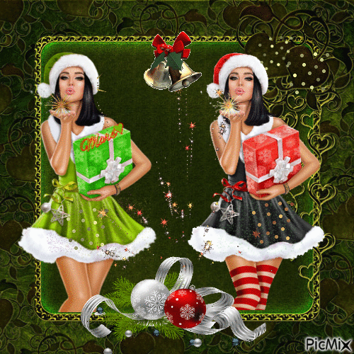 dos  mujeres   de navida una verde y la otra de rojo - GIF เคลื่อนไหวฟรี