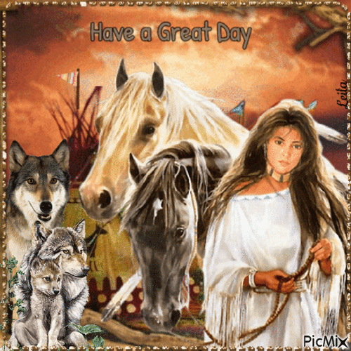 Native American girl with wolfs and horses - GIF animé gratuit