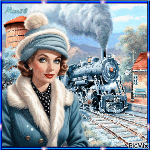 Femme vintage élégante en hiver qui attend son train - Безплатен анимиран GIF