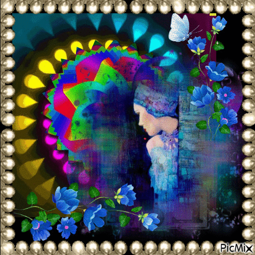 Portrait Woman Blue Butterfly Flowers Deco Colors Glitter Glamour - Бесплатный анимированный гифка
