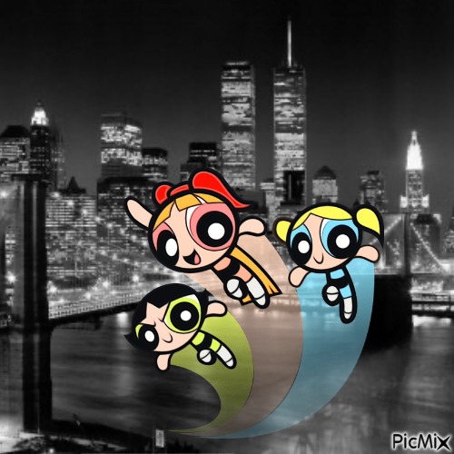 Powerpuff Girls flying by NYC (late 1990s-early 2000s) - фрее пнг