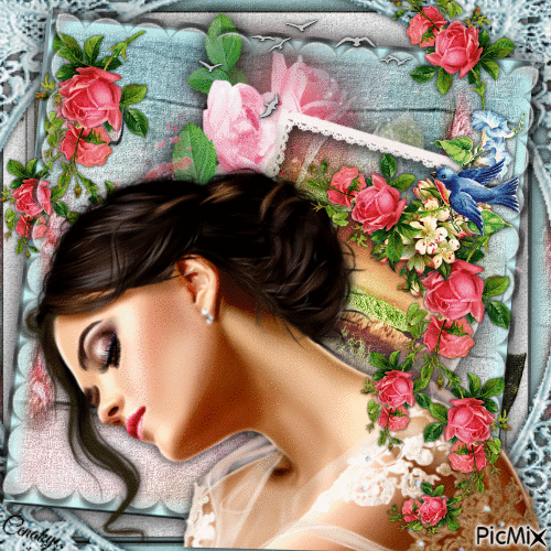 Portrait d'une femme avec des roses - Безплатен анимиран GIF