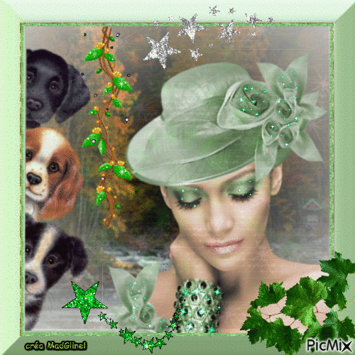 femme au chapeau vert - Gratis animerad GIF