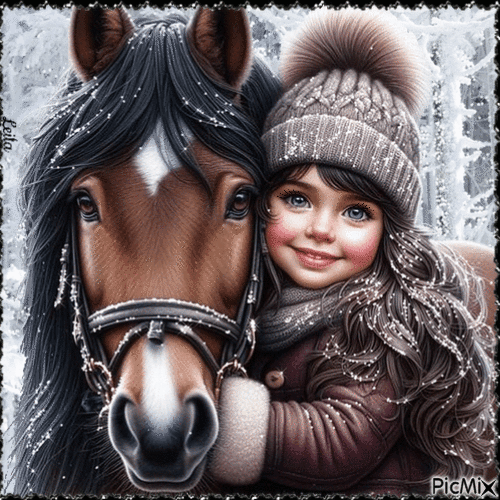 Girl and her horse. Winter - Free animated GIF