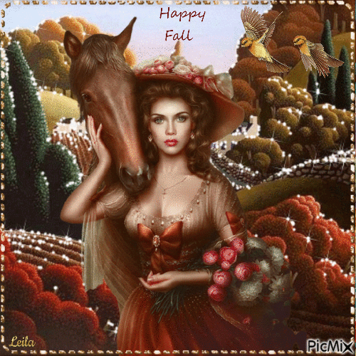 Happy Fall. Woman with her horse - Безплатен анимиран GIF