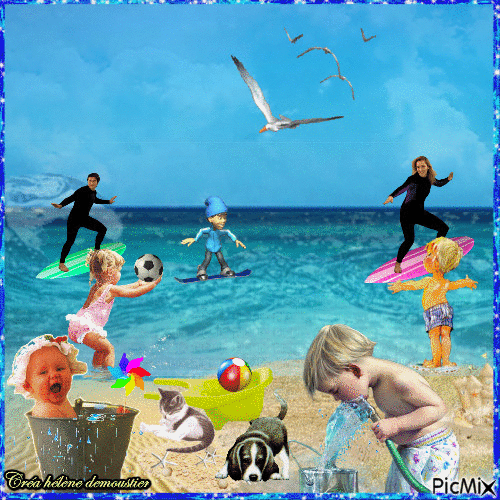 HD une journée à la mer avec enfants et surfeurs - Zdarma animovaný GIF