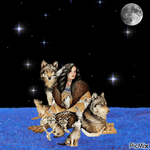 Native American woman and wolves - GIF animé gratuit