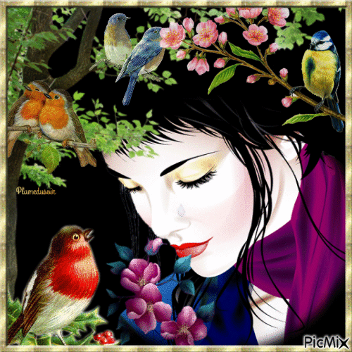 Fille avec fleurs et oiseaux. - Безплатен анимиран GIF