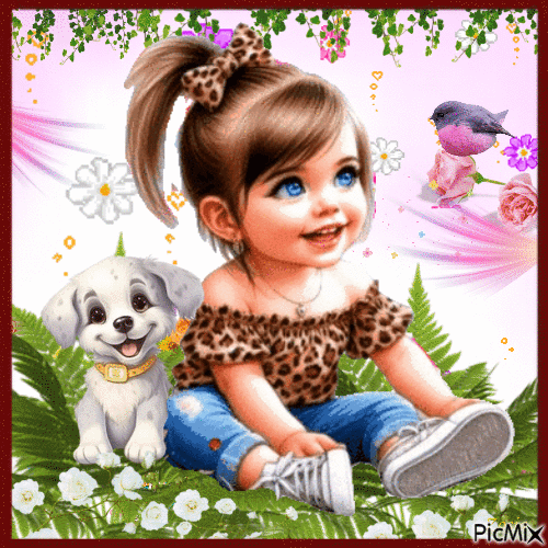 Dziewczynka i kwiaty - Безплатен анимиран GIF