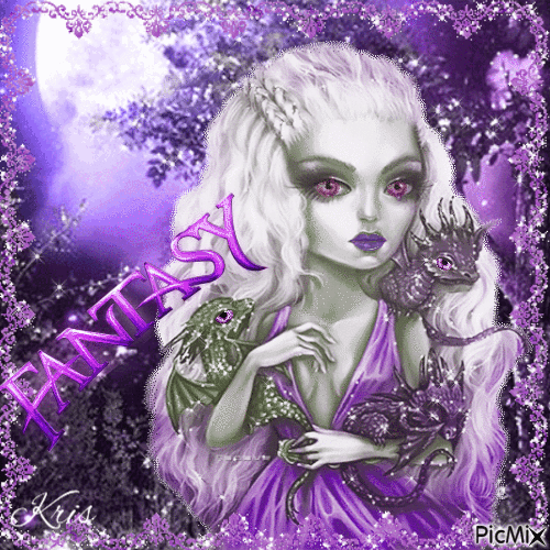 Femme et dragon, fantasy, tons violets - GIF animé gratuit