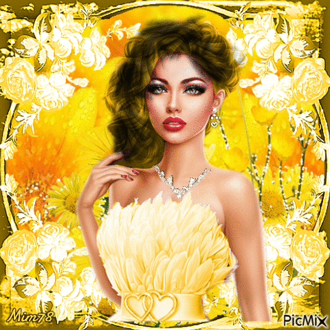 Brunette en jaune avec des fleurs jaunes - GIF animate gratis