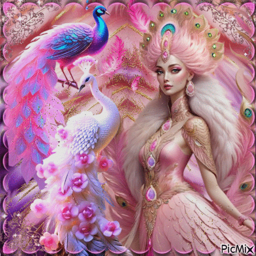 Mujer y pavo real - Tonos rosas - Gratis animeret GIF