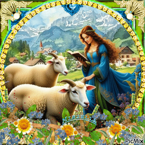 Contest! Femme avec des moutons - Zdarma animovaný GIF