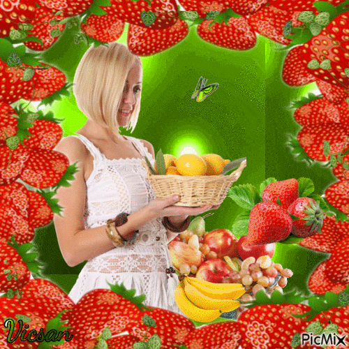 Mujer y frutas exóticas - Free animated GIF