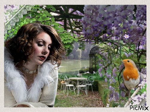 Femme pensive et l'oiseau - Free animated GIF