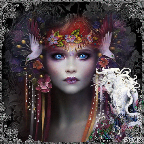 Fantasy - Portrait de femme avec licorne - Ingyenes animált GIF