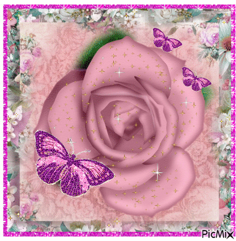 Pink rose with birthaflies. - Gratis geanimeerde GIF