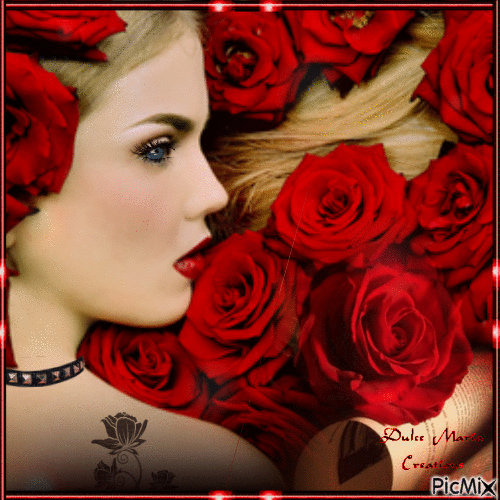 Blond woman with red roses...April 2018 - Free animated GIF