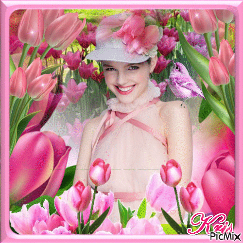Tulipes roses et femme en rose - GIF animé gratuit