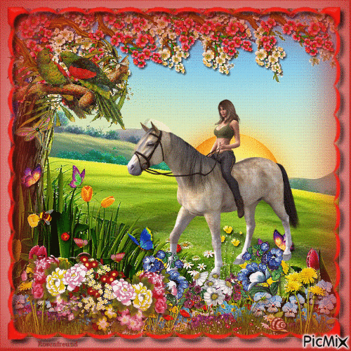 Frau mit Pferd im Frühling - Ingyenes animált GIF