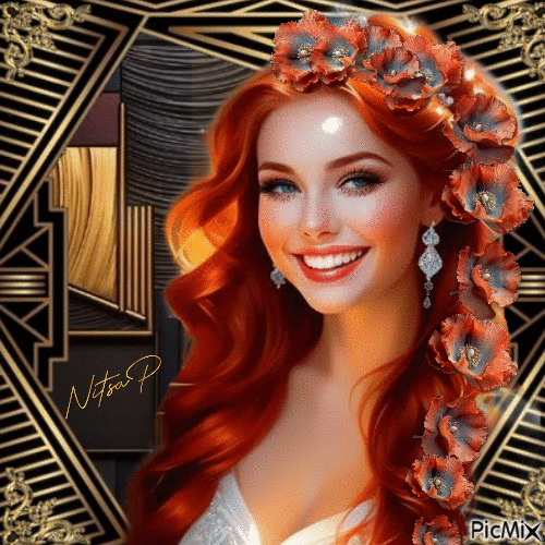 Redhead and art deco background - Gratis animeret GIF